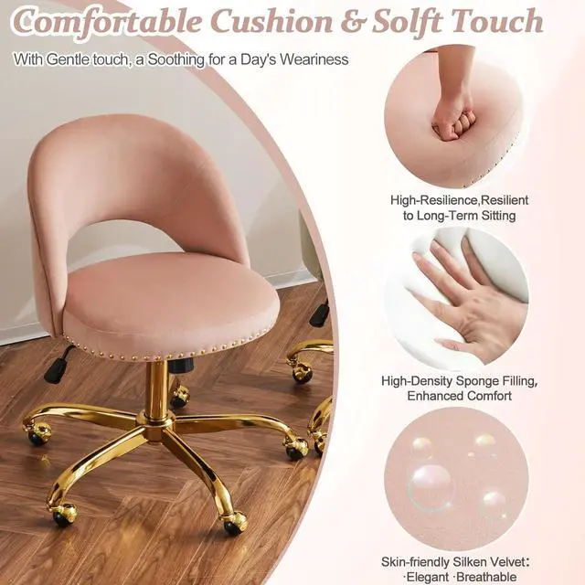 Alt view image 5 of 7 - VINGLI Modern Velvet Small Office Chair,Cute Desk Chair with Wheels,Gold Base/Studs, Comfy Armless Swivel Vanity Task Chair for Women/Girl/Kids, Nail Tech Chair for Bedroom,Small Space,Pink