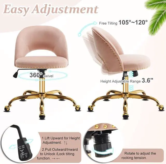 Alt view image 7 of 7 - VINGLI Modern Velvet Small Office Chair,Cute Desk Chair with Wheels,Gold Base/Studs, Comfy Armless Swivel Vanity Task Chair for Women/Girl/Kids, Nail Tech Chair for Bedroom,Small Space,Pink