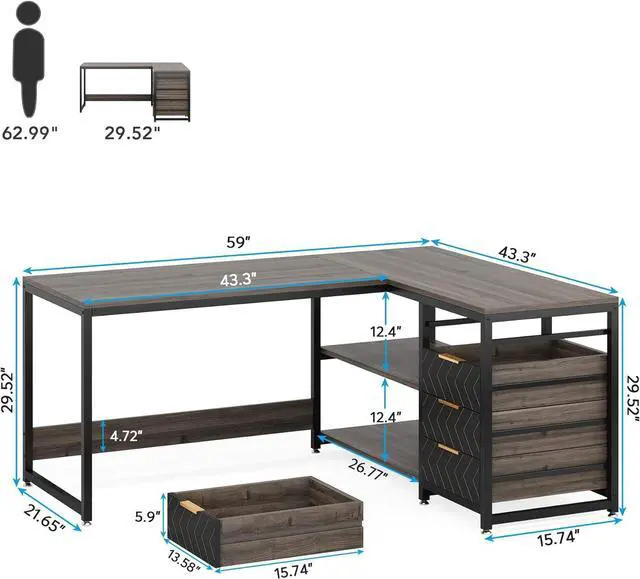 Alt view image 3 of 7 - LITTLE TREE 59-Inch L Shaped Desk with Drawers, Large Computer Desk with Storage Shelves, Reversible L-Shaped Corner Desk Workstation for Home Office