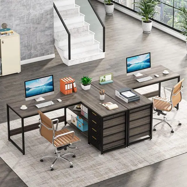 Alt view image 4 of 7 - LITTLE TREE 59-Inch L Shaped Desk with Drawers, Large Computer Desk with Storage Shelves, Reversible L-Shaped Corner Desk Workstation for Home Office