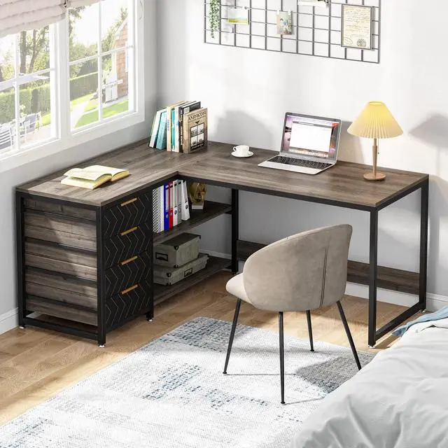 Alt view image 5 of 7 - LITTLE TREE 59-Inch L Shaped Desk with Drawers, Large Computer Desk with Storage Shelves, Reversible L-Shaped Corner Desk Workstation for Home Office