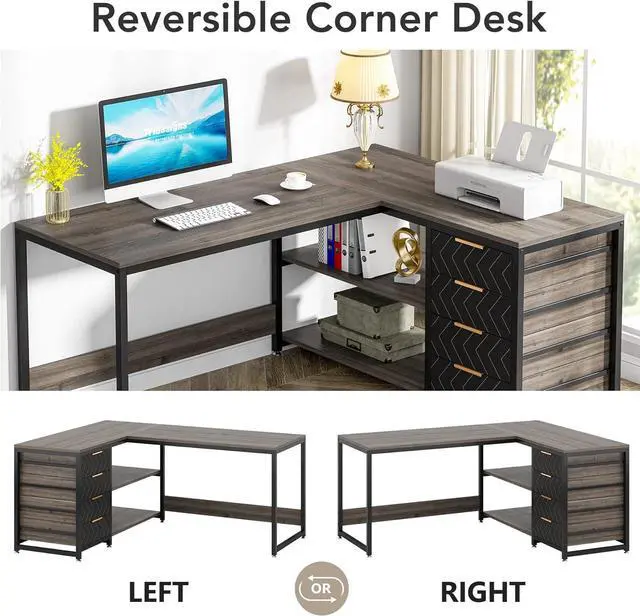 Alt view image 6 of 7 - LITTLE TREE 59-Inch L Shaped Desk with Drawers, Large Computer Desk with Storage Shelves, Reversible L-Shaped Corner Desk Workstation for Home Office