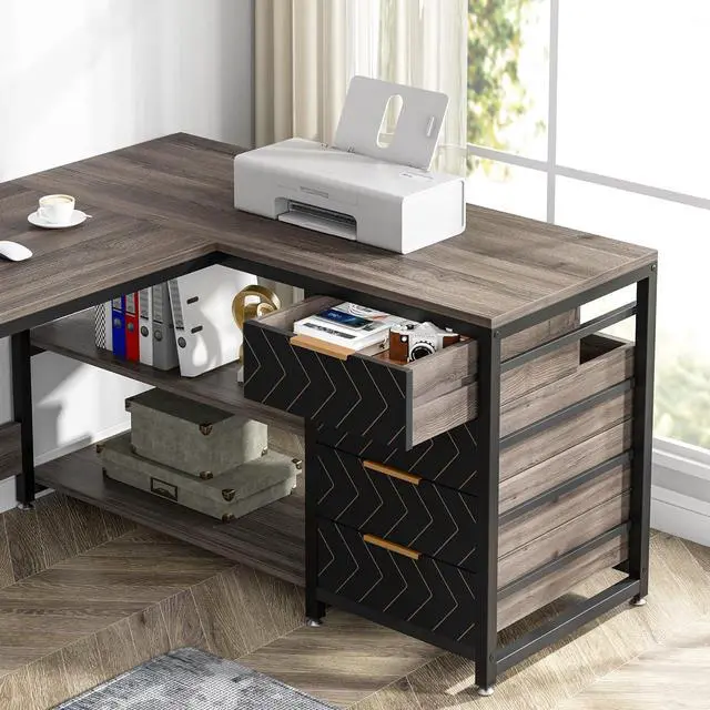 Alt view image 7 of 7 - LITTLE TREE 59-Inch L Shaped Desk with Drawers, Large Computer Desk with Storage Shelves, Reversible L-Shaped Corner Desk Workstation for Home Office
