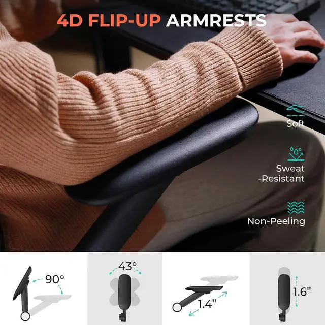 Alt view image 4 of 7 - CAPOT Ergonomic Mesh Office Chair, Adjustable Lumbar High Back Desk Chair 400lbs, 4D Flip-up Arms, 3-Level Tilt Backrest, 3D Headrest, PU Wheels, Swivel Rolling Computer Seating for Long Desk Work