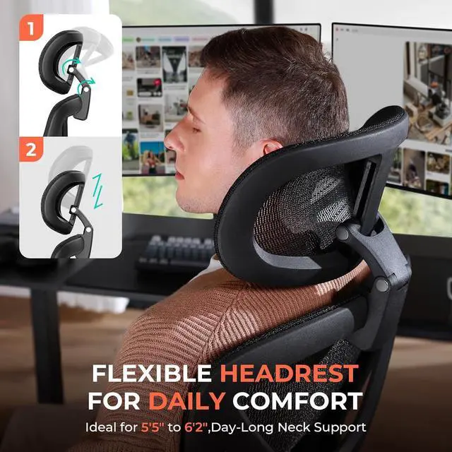 Alt view image 5 of 7 - CAPOT Ergonomic Mesh Office Chair, Adjustable Lumbar High Back Desk Chair 400lbs, 4D Flip-up Arms, 3-Level Tilt Backrest, 3D Headrest, PU Wheels, Swivel Rolling Computer Seating for Long Desk Work