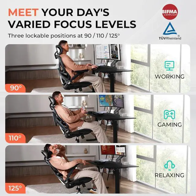 Alt view image 6 of 7 - CAPOT Ergonomic Mesh Office Chair, Adjustable Lumbar High Back Desk Chair 400lbs, 4D Flip-up Arms, 3-Level Tilt Backrest, 3D Headrest, PU Wheels, Swivel Rolling Computer Seating for Long Desk Work