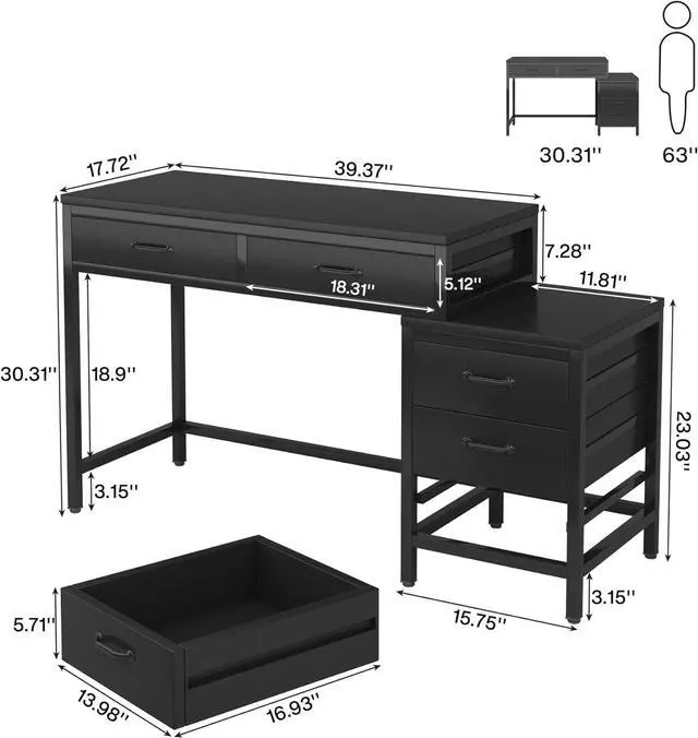 Alt view image 2 of 7 - Tribesigns Computer Desk with 5 Drawers, Home Office Desks with Reversible Drawer Cabinet Printer Stand, Industrial PC Desk with Storage, Rustic Study Writing Table Workstation for Small Spaces, Black