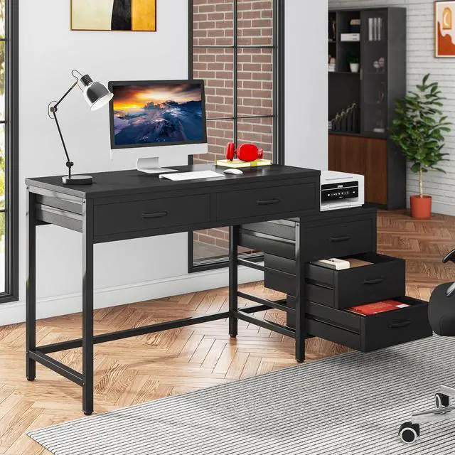 Alt view image 3 of 7 - Tribesigns Computer Desk with 5 Drawers, Home Office Desks with Reversible Drawer Cabinet Printer Stand, Industrial PC Desk with Storage, Rustic Study Writing Table Workstation for Small Spaces, Black