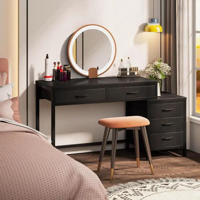 Alt view image 4 of 7 - Tribesigns Computer Desk with 5 Drawers, Home Office Desks with Reversible Drawer Cabinet Printer Stand, Industrial PC Desk with Storage, Rustic Study Writing Table Workstation for Small Spaces, Black