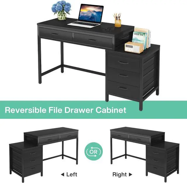 Alt view image 6 of 7 - Tribesigns Computer Desk with 5 Drawers, Home Office Desks with Reversible Drawer Cabinet Printer Stand, Industrial PC Desk with Storage, Rustic Study Writing Table Workstation for Small Spaces, Black
