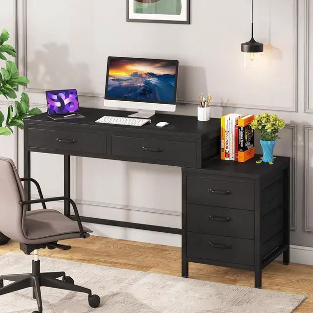 Alt view image 7 of 7 - Tribesigns Computer Desk with 5 Drawers, Home Office Desks with Reversible Drawer Cabinet Printer Stand, Industrial PC Desk with Storage, Rustic Study Writing Table Workstation for Small Spaces, Black