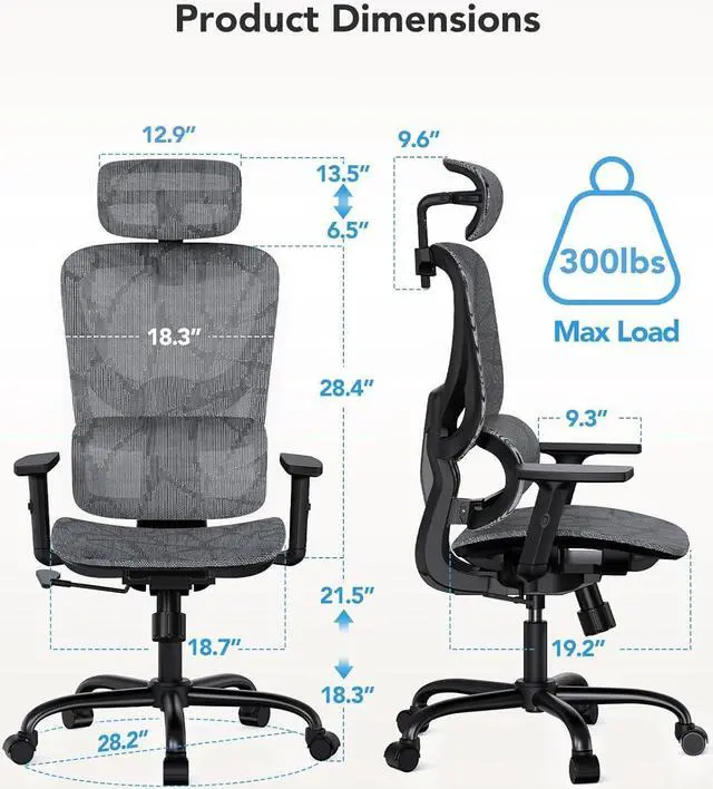 Alt view image 3 of 7 - HUANUO Ergonomic Mesh Office Chair, High Back Desk Chair with 5-Level Lumbar Support, Adjustable Headrest, Armrests, Rocking Tilt, Computer Mesh Chair for Home Office Gaming