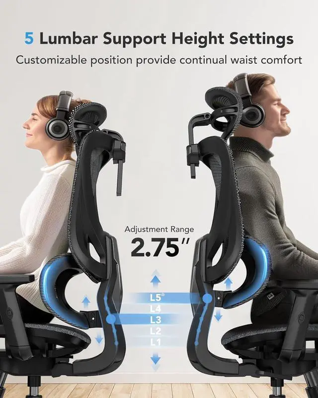 Alt view image 4 of 7 - HUANUO Ergonomic Mesh Office Chair, High Back Desk Chair with 5-Level Lumbar Support, Adjustable Headrest, Armrests, Rocking Tilt, Computer Mesh Chair for Home Office Gaming