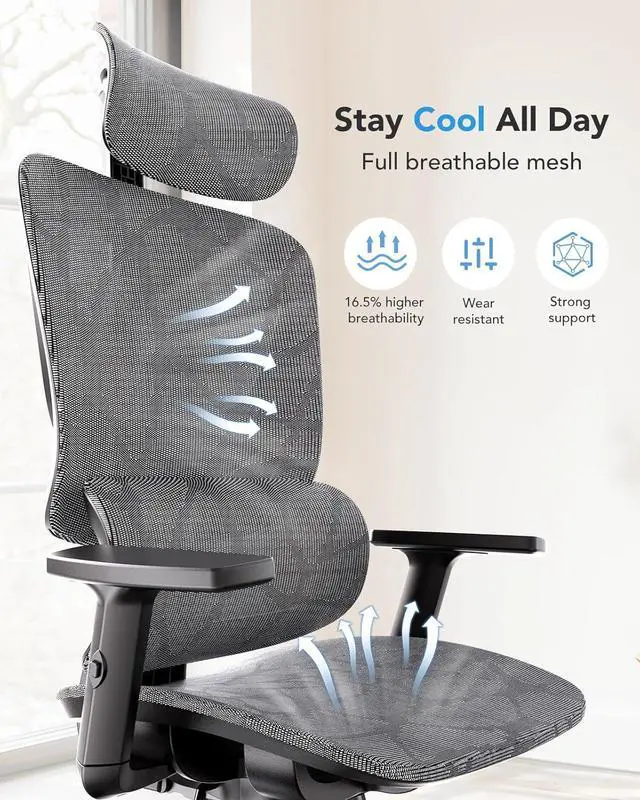 Alt view image 5 of 7 - HUANUO Ergonomic Mesh Office Chair, High Back Desk Chair with 5-Level Lumbar Support, Adjustable Headrest, Armrests, Rocking Tilt, Computer Mesh Chair for Home Office Gaming