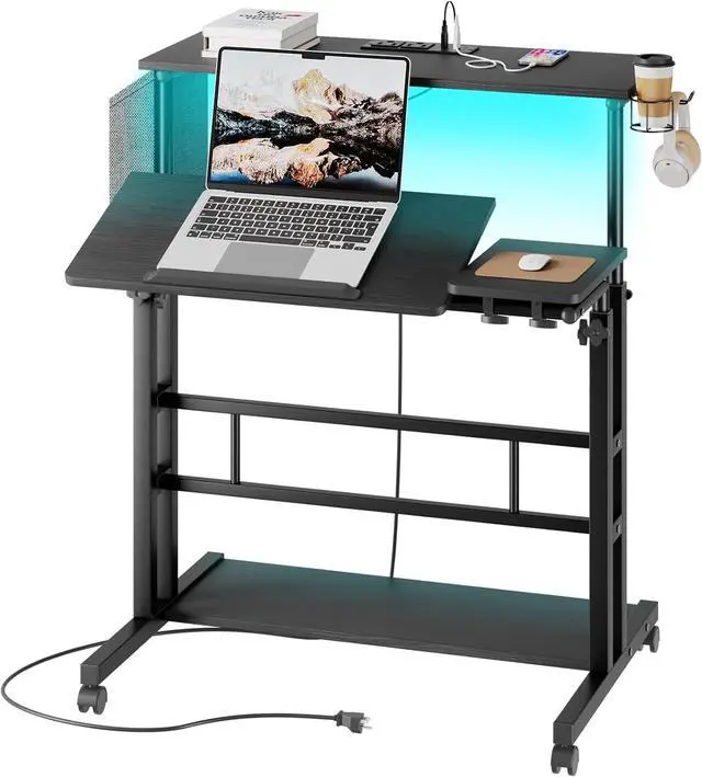 Alt view image 7 of 7 - Dripex Mobile Standing Desk with Power Outlets & Strip Lights, Rolling Computer Desk with Cup Holder, Hook, Storage Bag, Adjustable Height Laptop Desk with Wheels, Small Standing Desk Drawing Desk