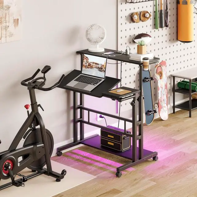 Alt view image 7 of 7 - Dripex Mobile Standing Desk with Power Outlets & Strip Lights, Rolling Computer Desk with Cup Holder, Hook, Storage Bag, Adjustable Height Laptop Desk with Wheels, Small Standing Desk Drawing Desk