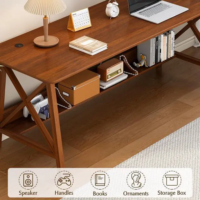 Alt view image 3 of 7 - Extra Long Desk with Bookshelf - Wooden Home Office Work Study Table, Writing Computer Workstation with Storage Shelf in Walnut, 55" Wx20 Dx30 H