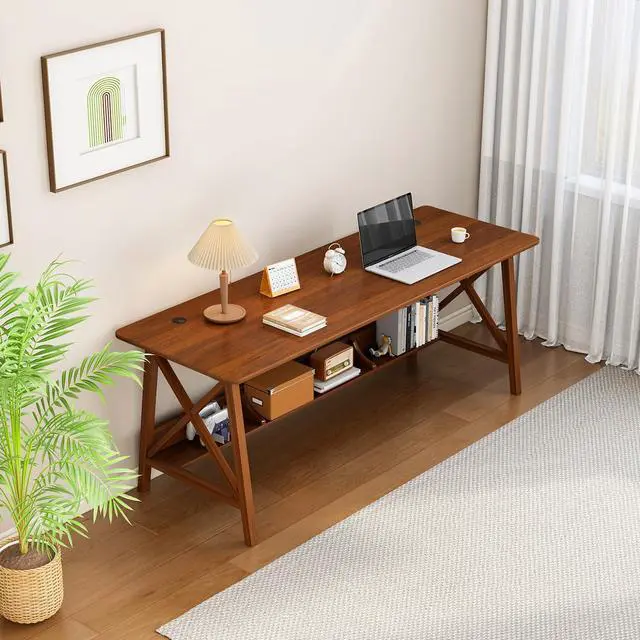 Alt view image 7 of 7 - Extra Long Desk with Bookshelf - Wooden Home Office Work Study Table, Writing Computer Workstation with Storage Shelf in Walnut, 55" Wx20 Dx30 H
