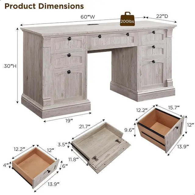 Alt view image 2 of 6 - OKD 60" Executive Desk with Drawers, Farmhouse Home Office Desk with Charging Station, Keyboard Tray, File Cabinet Storage, Wood Computer Desk for Work and Study, Antique Brushed White