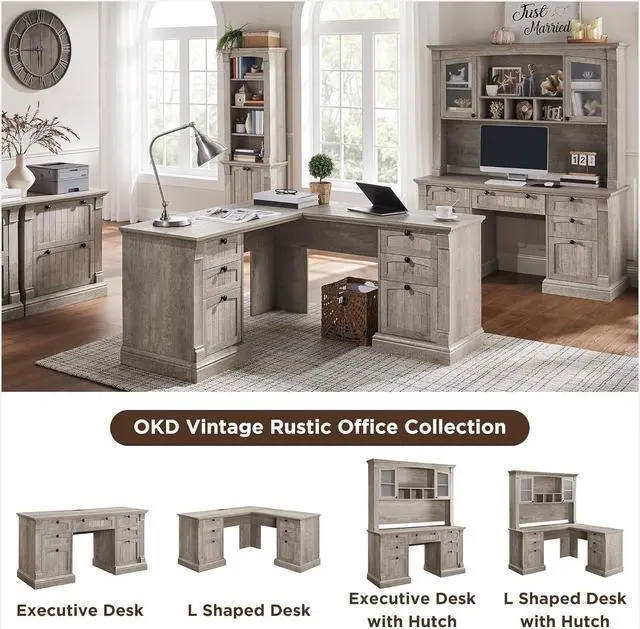 Alt view image 3 of 7 - OKD 60" Executive Desk with Drawers, Farmhouse Home Office Desk with Charging Station, Keyboard Tray, File Cabinet Storage, Wood Computer Desk for Work and Study, Light Rustic Oak