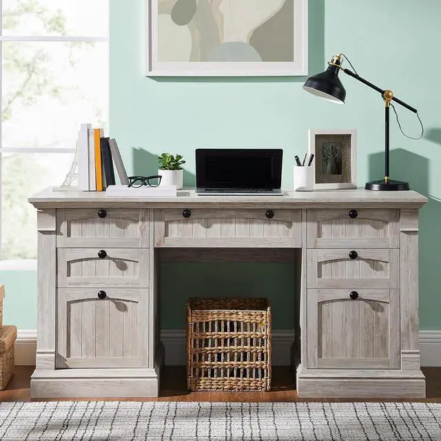 Alt view image 3 of 6 - OKD 60" Executive Desk with Drawers, Farmhouse Home Office Desk with Charging Station, Keyboard Tray, File Cabinet Storage, Wood Computer Desk for Work and Study, Antique Brushed White