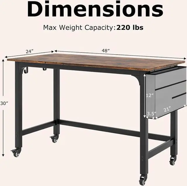 Alt view image 3 of 7 - Tangkula 48 Mobile Computer Desk with Storage Bag & 2 Hanging Hooks, Rolling Home Office Writing Study Desk, Rolling PC Workstation with Lockable Universal Casters for Study Room, Bedroom