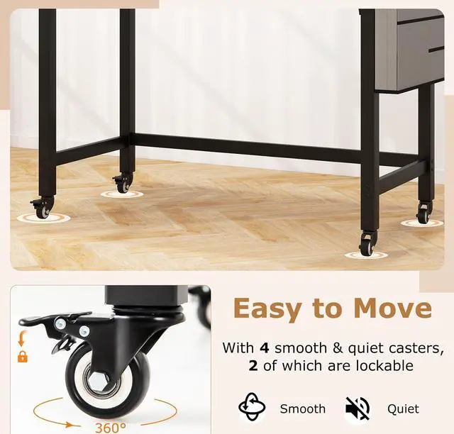 Alt view image 7 of 7 - Tangkula 48 Mobile Computer Desk with Storage Bag & 2 Hanging Hooks, Rolling Home Office Writing Study Desk, Rolling PC Workstation with Lockable Universal Casters for Study Room, Bedroom