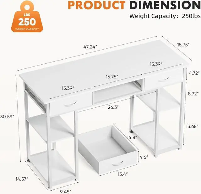 Alt view image 3 of 7 - Sweetcrispy Computer Desk 48 Inch Home Office Bedroom Writing Study PC Table with Fabric Drawers Storage Shelves Space Side Bag Headphone Hook Metal Frame Adjustable Feet Modern Simple Style