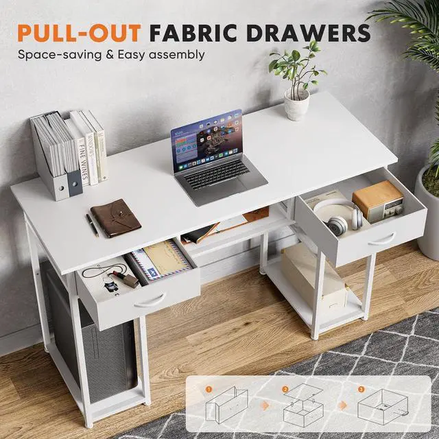 Alt view image 4 of 7 - Sweetcrispy Computer Desk 48 Inch Home Office Bedroom Writing Study PC Table with Fabric Drawers Storage Shelves Space Side Bag Headphone Hook Metal Frame Adjustable Feet Modern Simple Style