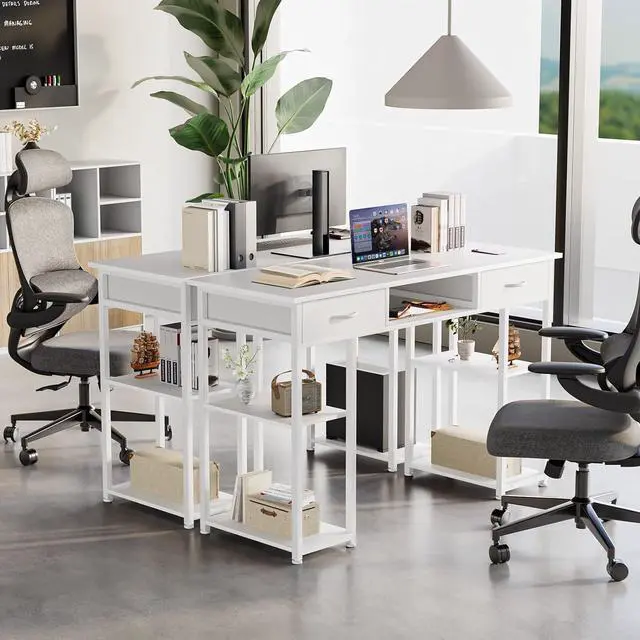 Alt view image 7 of 7 - Sweetcrispy Computer Desk 48 Inch Home Office Bedroom Writing Study PC Table with Fabric Drawers Storage Shelves Space Side Bag Headphone Hook Metal Frame Adjustable Feet Modern Simple Style