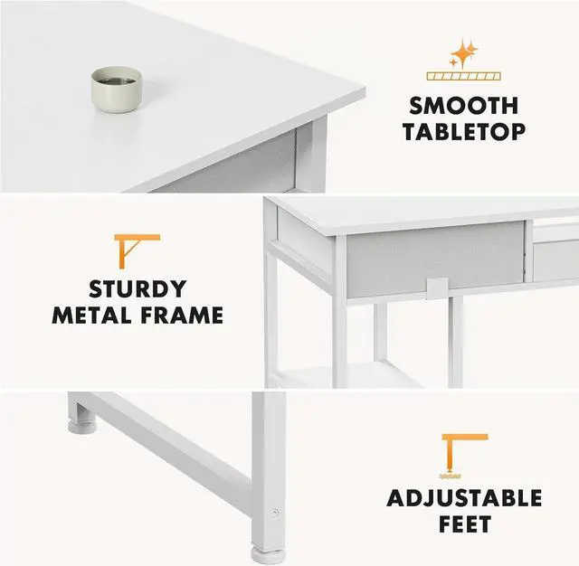 Alt view image 6 of 7 - Sweetcrispy Computer Desk 48 Inch Home Office Bedroom Writing Study PC Table with Fabric Drawers Storage Shelves Space Side Bag Headphone Hook Metal Frame Adjustable Feet Modern Simple Style