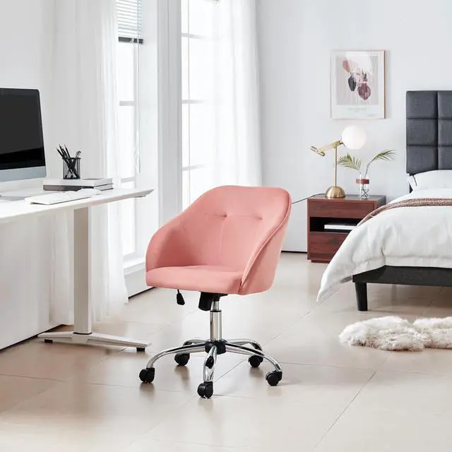 Alt view image 2 of 7 - Yaheetech Pink Office Chair Small Cute Vanity Chair with Back Wheels Velvet Swivel Rolling Desk Computer Armchair for Bedroom Living Room