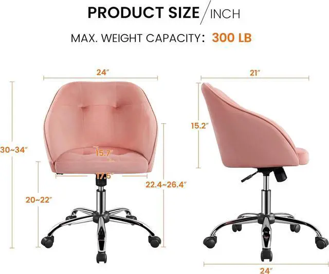 Alt view image 3 of 7 - Yaheetech Pink Office Chair Small Cute Vanity Chair with Back Wheels Velvet Swivel Rolling Desk Computer Armchair for Bedroom Living Room