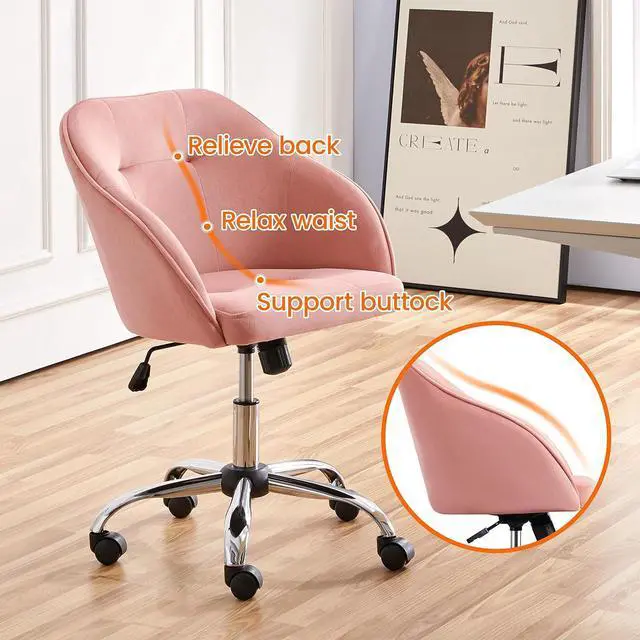 Alt view image 5 of 7 - Yaheetech Pink Office Chair Small Cute Vanity Chair with Back Wheels Velvet Swivel Rolling Desk Computer Armchair for Bedroom Living Room