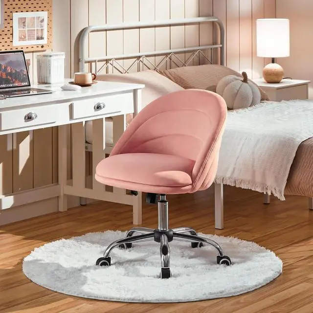 Alt view image 2 of 7 - Yaheetech Velvet Cute Desk Chair Armless Office Chair Swivel Vanity Chair with Wheels Adjustable Comfy Desk Chair Soft Rocking Chair for Home Office, Living Room Pink