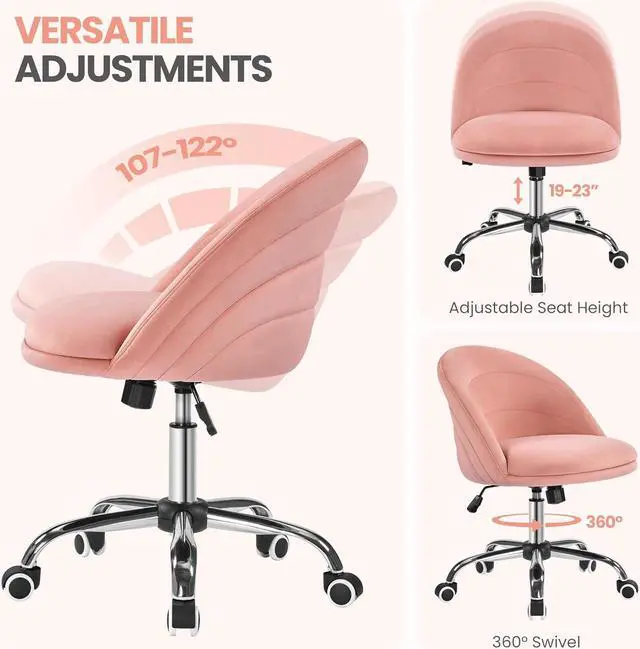 Alt view image 4 of 7 - Yaheetech Velvet Cute Desk Chair Armless Office Chair Swivel Vanity Chair with Wheels Adjustable Comfy Desk Chair Soft Rocking Chair for Home Office, Living Room Pink