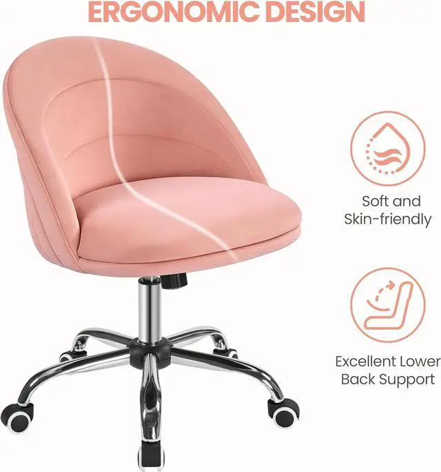 Alt view image 5 of 7 - Yaheetech Velvet Cute Desk Chair Armless Office Chair Swivel Vanity Chair with Wheels Adjustable Comfy Desk Chair Soft Rocking Chair for Home Office, Living Room Pink