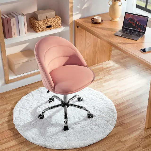 Alt view image 7 of 7 - Yaheetech Velvet Cute Desk Chair Armless Office Chair Swivel Vanity Chair with Wheels Adjustable Comfy Desk Chair Soft Rocking Chair for Home Office, Living Room Pink