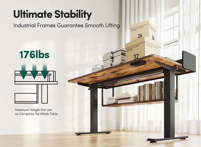 Alt view image 7 of 7 - 55" Electric Standing Desk with Shelves, 55x24 Inches Sit Stand Rising Computer Desk with Monitor Shelf, Home Office Desks with Hook, Adjustable Height Stand Up Workstation Table, Rustic Brown