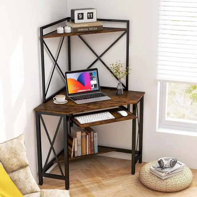 Alt view image 2 of 7 - Tangkula Corner Desk with Hutch & Charging Station, Space-Saving Computer Desk with Shelves & Keyboard Tray, Triangle Home Office Desk with Metal Frame, Corner Desk for Small Space