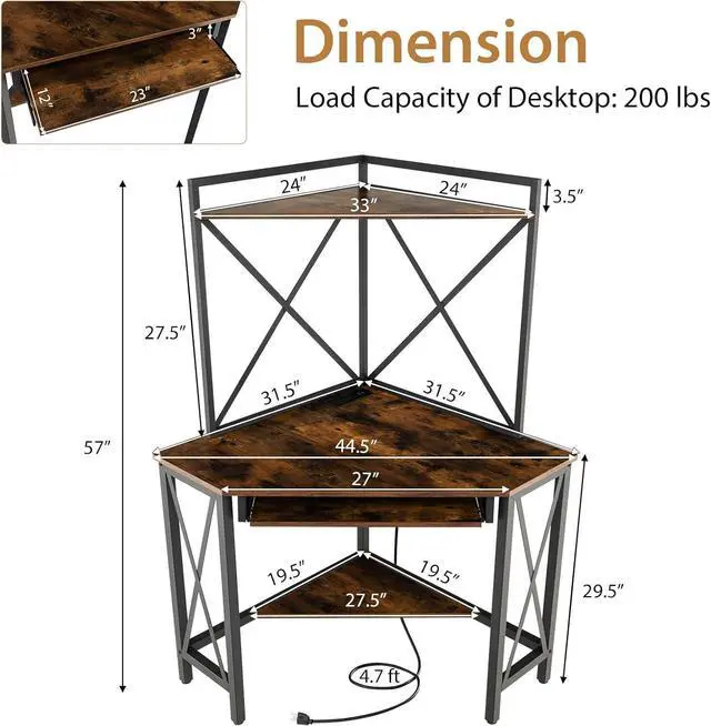 Alt view image 3 of 7 - Tangkula Corner Desk with Hutch & Charging Station, Space-Saving Computer Desk with Shelves & Keyboard Tray, Triangle Home Office Desk with Metal Frame, Corner Desk for Small Space