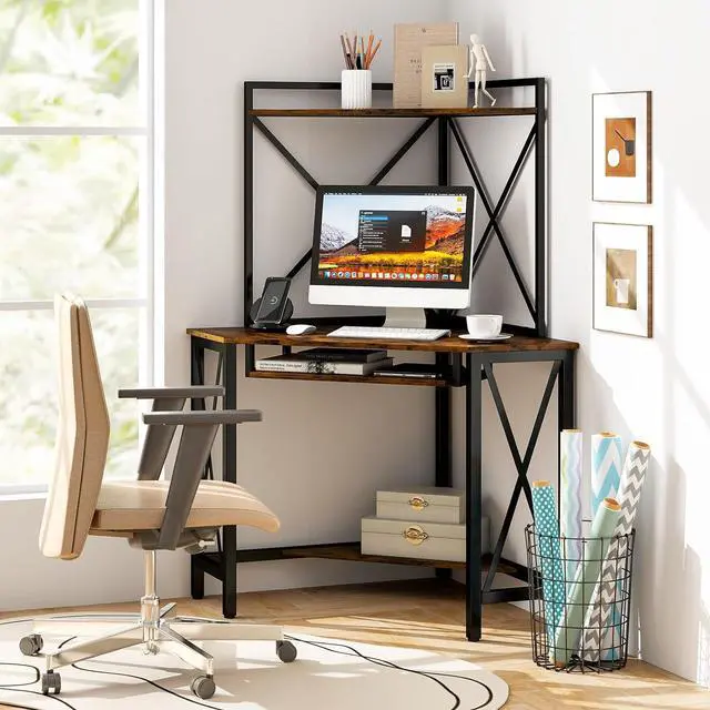 Alt view image 5 of 7 - Tangkula Corner Desk with Hutch & Charging Station, Space-Saving Computer Desk with Shelves & Keyboard Tray, Triangle Home Office Desk with Metal Frame, Corner Desk for Small Space