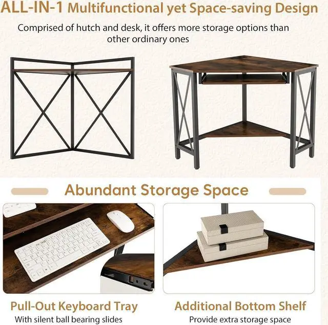 Alt view image 6 of 7 - Tangkula Corner Desk with Hutch & Charging Station, Space-Saving Computer Desk with Shelves & Keyboard Tray, Triangle Home Office Desk with Metal Frame, Corner Desk for Small Space