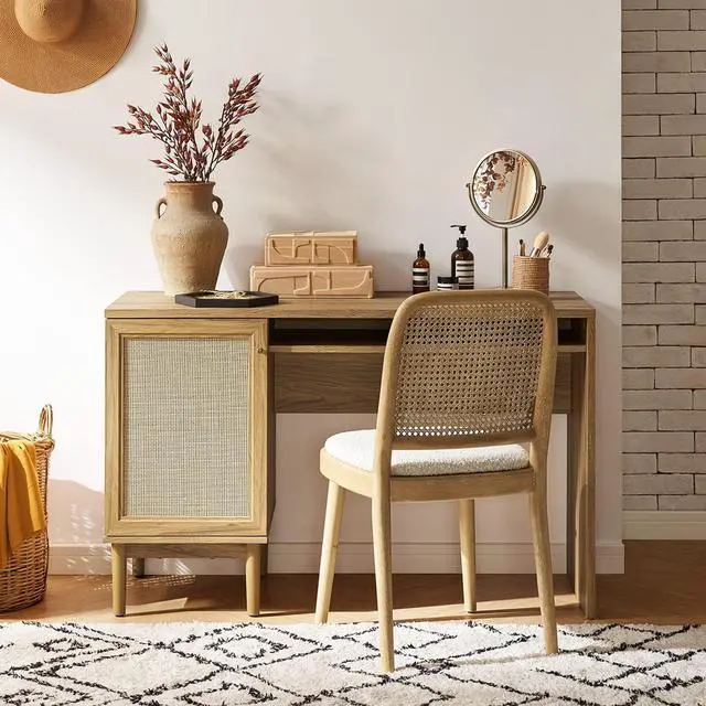 Main image of mopio Haylee Boho Farmhouse Writing Desk, with Natural Rattan Exterior Door, Ample Storage, Adjustable Shelves, for Study, Vanity, Makeup, & Work, in Bedroom, Home Office