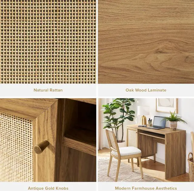 Alt view image 5 of 7 - mopio Haylee Boho Farmhouse Writing Desk, with Natural Rattan Exterior Door, Ample Storage, Adjustable Shelves, for Study, Vanity, Makeup, & Work, in Bedroom, Home Office