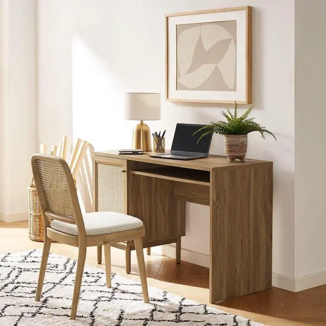 Alt view image 6 of 7 - mopio Haylee Boho Farmhouse Writing Desk, with Natural Rattan Exterior Door, Ample Storage, Adjustable Shelves, for Study, Vanity, Makeup, & Work, in Bedroom, Home Office