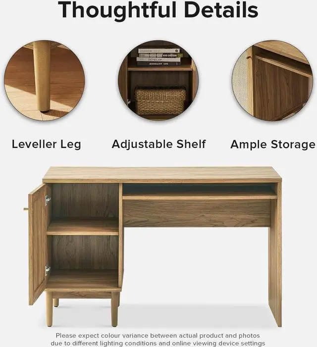Alt view image 4 of 7 - mopio Haylee Boho Farmhouse Writing Desk, with Natural Rattan Exterior Door, Ample Storage, Adjustable Shelves, for Study, Vanity, Makeup, & Work, in Bedroom, Home Office