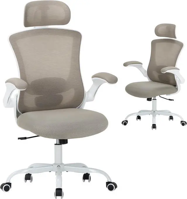 Main image of Ergonomic Mesh Office Chair, High Back Executive Desk Chair with Adjustable Headrest and Lumbar Support, Flip-Up Arms, Rocking, Swivel Rolling Computer Mesh Chair for Home Office-Khaki