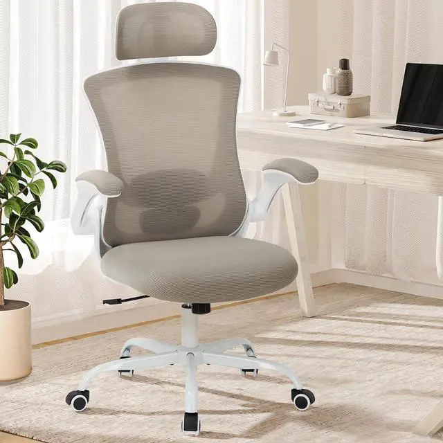 Alt view image 2 of 7 - Ergonomic Mesh Office Chair, High Back Executive Desk Chair with Adjustable Headrest and Lumbar Support, Flip-Up Arms, Rocking, Swivel Rolling Computer Mesh Chair for Home Office-Khaki