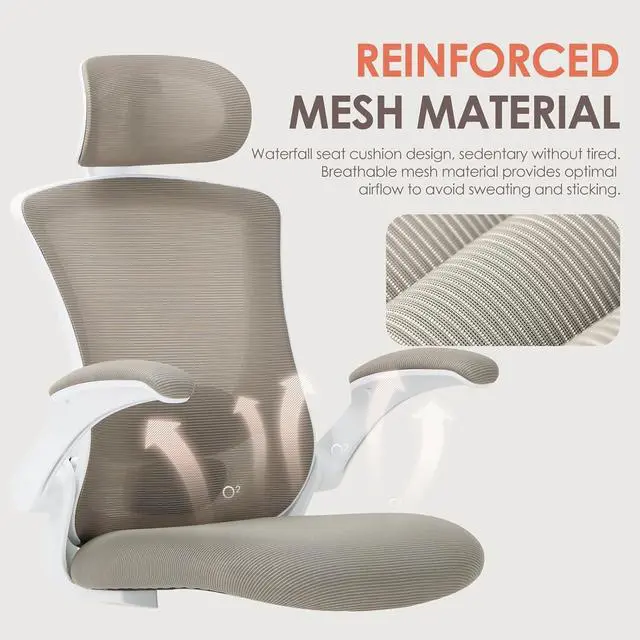 Alt view image 4 of 7 - Ergonomic Mesh Office Chair, High Back Executive Desk Chair with Adjustable Headrest and Lumbar Support, Flip-Up Arms, Rocking, Swivel Rolling Computer Mesh Chair for Home Office-Khaki